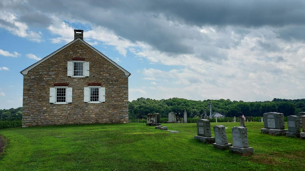 Boehm’s Chapel, Willow Street, Pa. After Bishop Martin Boehm split from the other Lancaster Mennonite bishops, he and his followers formed a German-speaking Methodist movement. In 1791 they built the chapel for their worship. — Joel Horst Nofziger