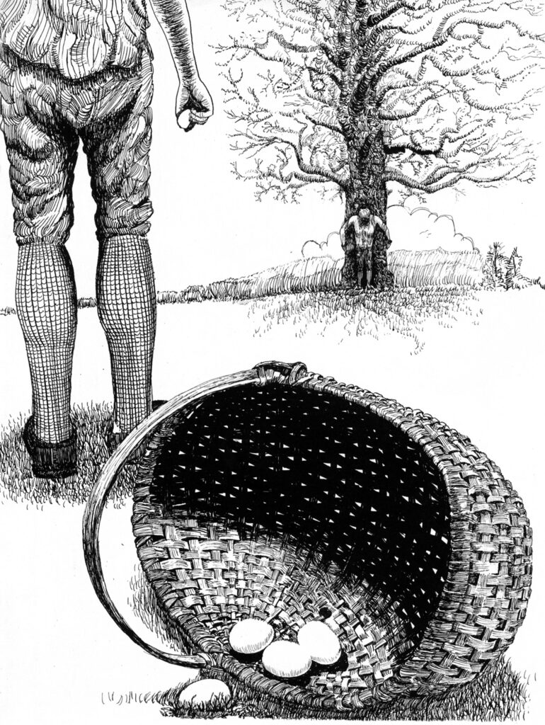A sketch by Phil Ruth depicts the ordeal of Matthias Tyson, caught by American forces while transporting butter and eggs to sell to British troops occupying Philadelphia. He was stripped to the waist and tied to a tree. When the command to fire was given, it was not bullets that struck his body but his eggs. — Mennonite Heritage Center