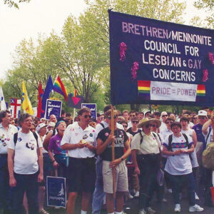Mennonites and Brethren participated in the National March on Washington for Lesbian and Gay Rights on April 25, 1993. — Courtesy of Christian Yoder