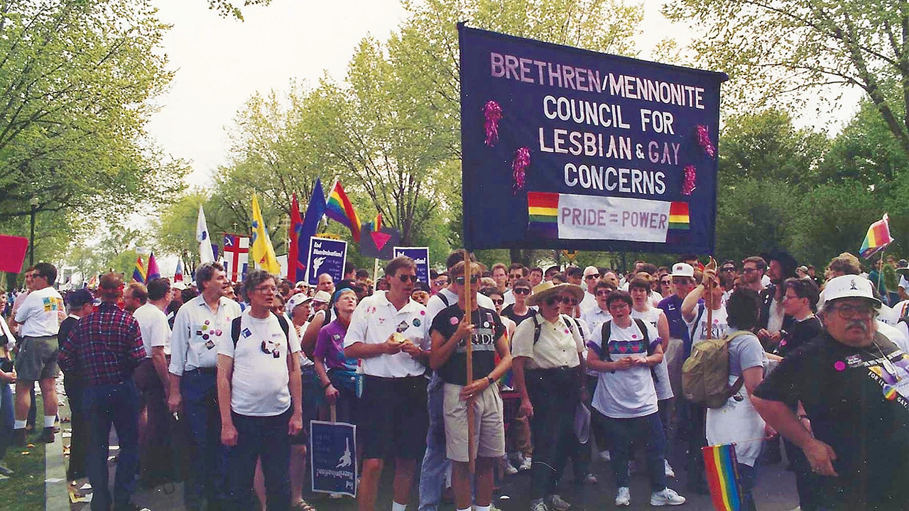 Mennonites and Brethren participated in the National March on Washington for Lesbian and Gay Rights on April 25, 1993. — Courtesy of Christian Yoder