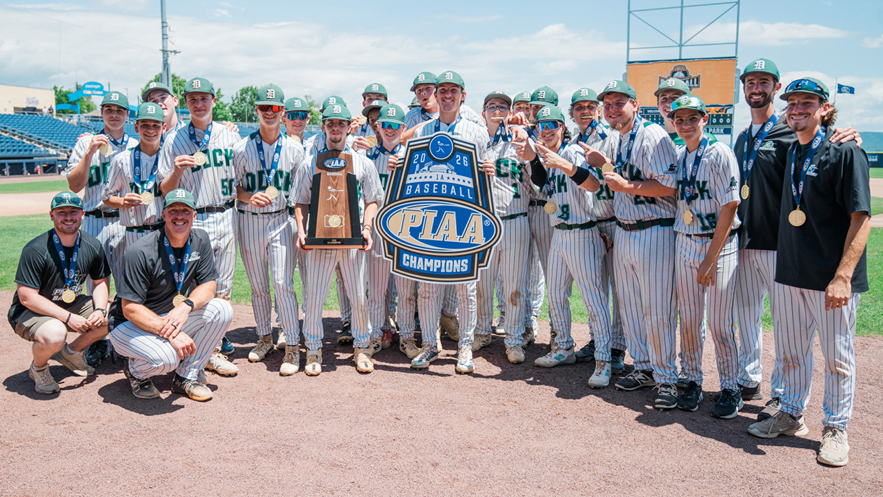 Dock Mennonite Academy's baseball team celebrates winning the Pennsylvania Class 1A state championship June 12. — Leinbach Photography