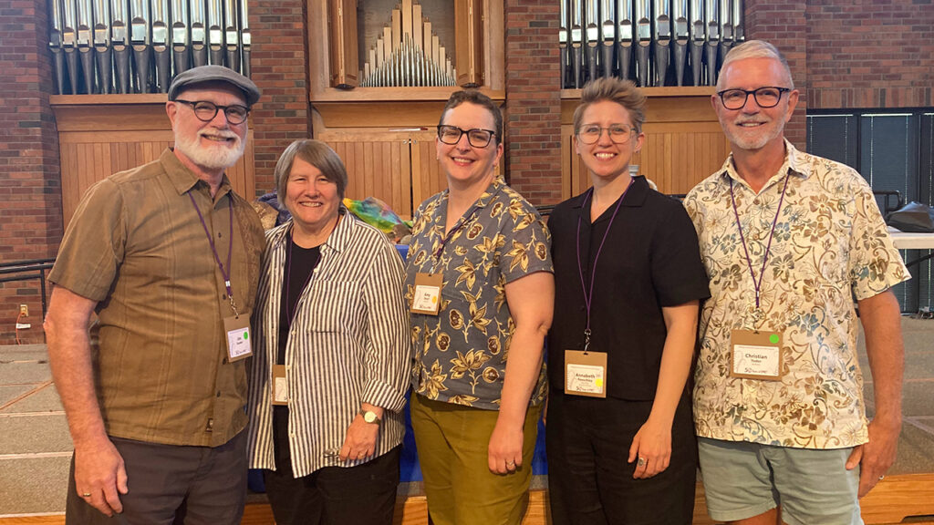 BMC executive directors from 1984 to 2026, from left, Jim Sauder, Palm Springs, Calif.; Carol Wise, Minneapolis; Amy Short, Yellow Springs, Ohio; Annabeth Roeschley, Chicago; and Christian Yoder, Palm Springs. — Hannah Kraenbring/BMC