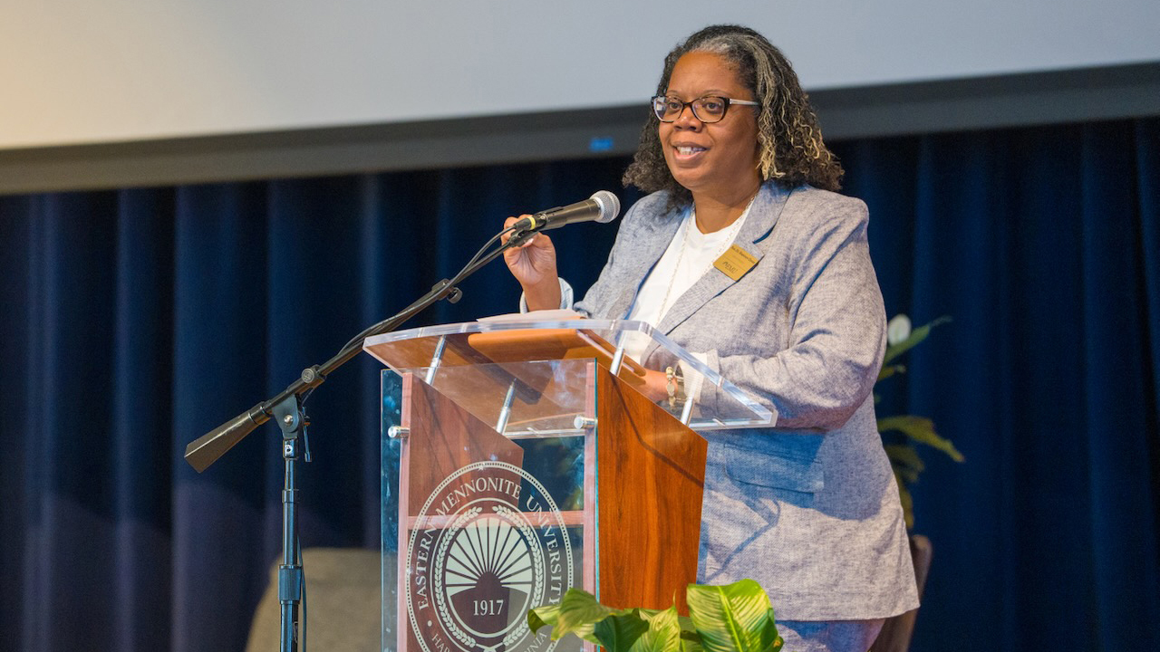 Shannon W. Dycus addresses Opening Convocation as interim president in August 2025. — Eastern Mennonite University