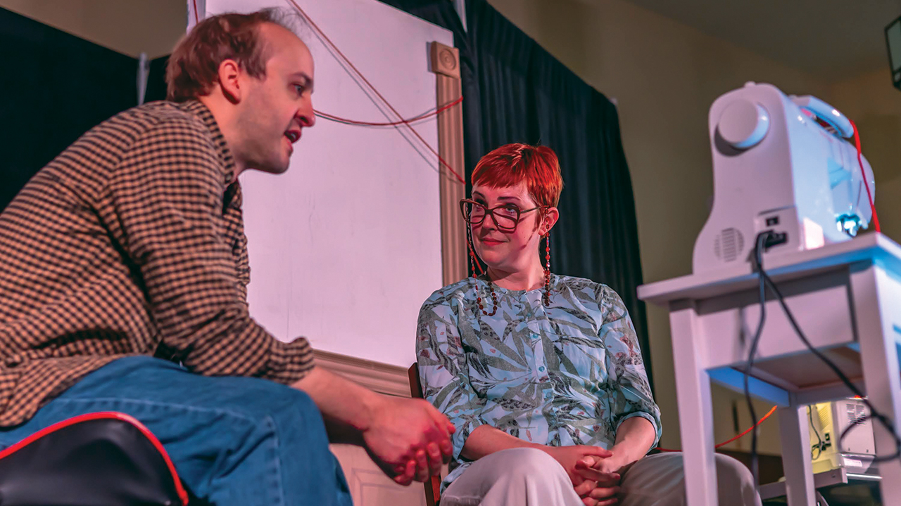 Zach Parsons and Alexa Higgins in a scene from Invisible Threads at Danforth Mennonite Church in Toronto, where Theatre of the Beat has an office and rehearses. — Dave Klassen