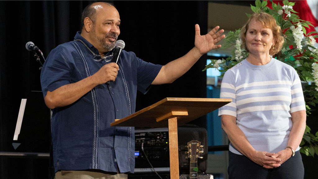 Eastern Mennonite Missions President Marvin Lorenzana and EMM mission team director Lorri Bentch lead the plenary session on the LMC core value of following Jesus. — Jonathan Charles for AW