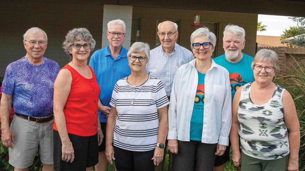 Peter Wiebe with SOOP volunteers, from left, Bob Wybel, Bertha Toews, Tim Dyck, Ruth Ann Martin, Wiebe, Shirley Hershey Showalter, Stuart Showalter, Trudie Kehler. — Kim Kellogg