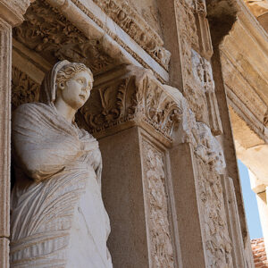 Statue of Arete, Greek personification of virtue, in the Library of Celsus at Ephesus, Turkey. — Kubra S./Shutterstock