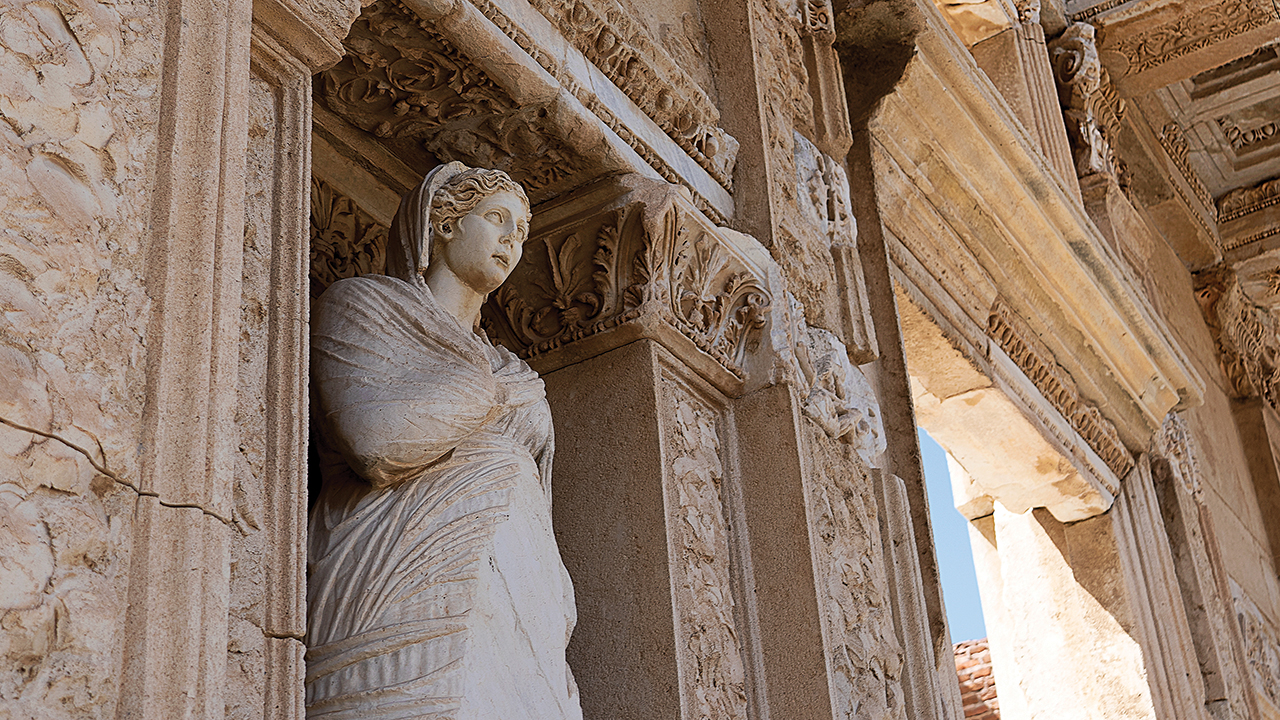 Statue of Arete, Greek personification of virtue, in the Library of Celsus at Ephesus, Turkey. — Kubra S./Shutterstock