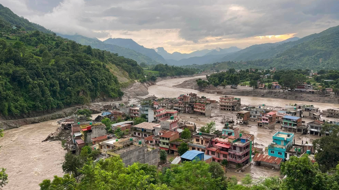 Flood damage in Trishuli Bazar, Nuwakot district, Nepal, photographed Aug. 27, one day after a flash flood struck the area in the early morning hours, damaging settlements and infrastructure along the Bhotekoshi River. — Iswor Pudasaini