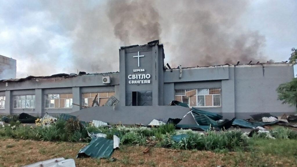 A church supported by Friends of the Mennonite Centre in Ukraine burns May 23 in Balaklia after being struck by Russian drones and missiles. — Friends of the Mennonite Centre in Ukraine
