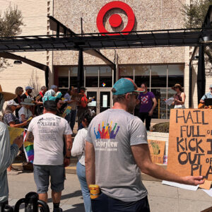 The Greater Los Angeles Mennonite Action Chapter leads a Palm Sunday peace protest in front of a Target store, urging that Immigration and Customs Enforcement agents be denied entrance and calling on Congress to end ICE funding. — Pasadena Mennonite Church