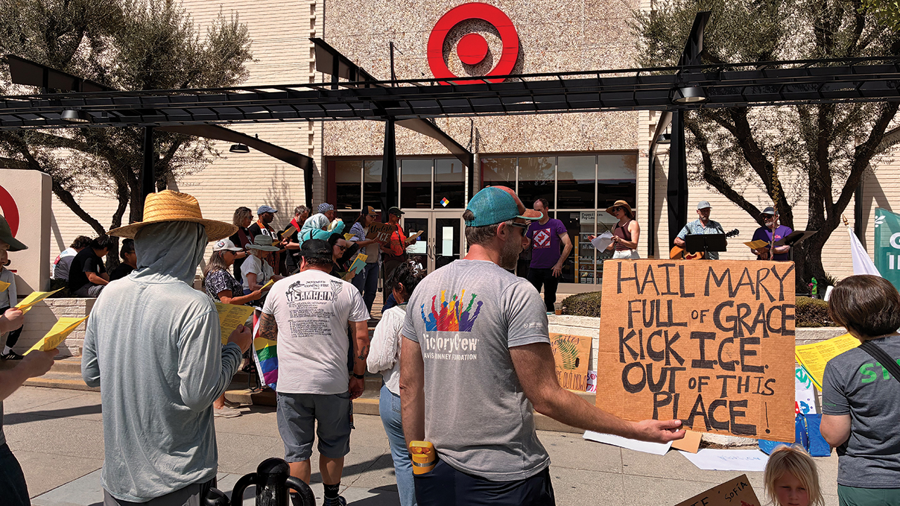The Greater Los Angeles Mennonite Action Chapter leads a Palm Sunday peace protest in front of a Target store, urging that Immigration and Customs Enforcement agents be denied entrance and calling on Congress to end ICE funding. — Pasadena Mennonite Church