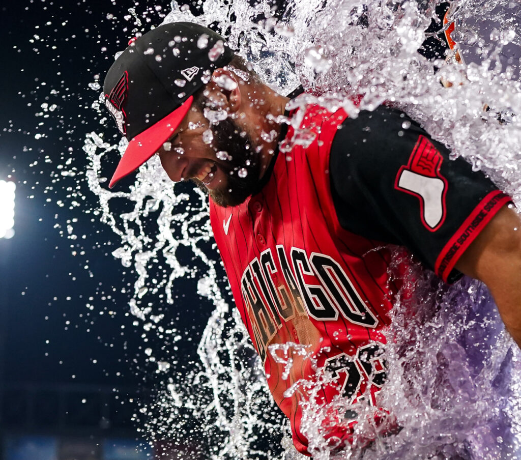 Tristan Peters got a celebratory ice-water dousing after hitting for the cycle July 10. — Courtesy of the Chicago White Sox
