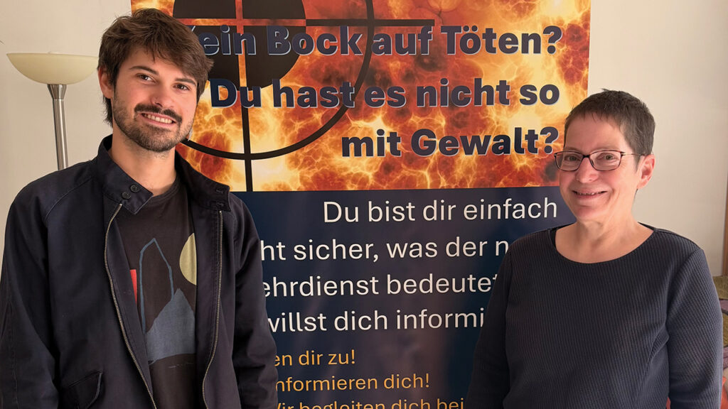 Tim Thiessen of the German Mennonite Peace Committee and Anthea Bethge of the Berlin Mennonite Peace Center assist men considering conscientious objection to military service in Germany. — German Mennonite Peace Committee