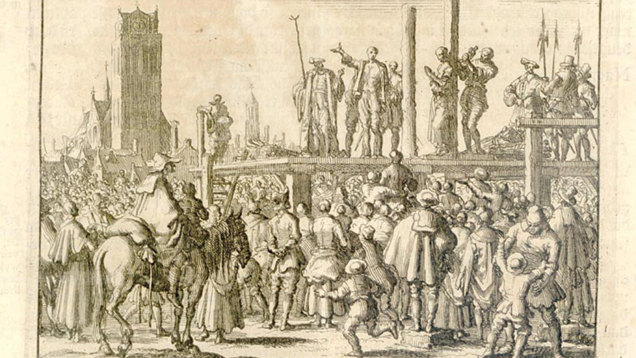 A crowd gathers at the execution of Jan Woutersz van Kuyk and Adriaentje Jans of Molenaarsgraaf in Dordrecht, the Netherlands, 1572. — Martyrs Mirror